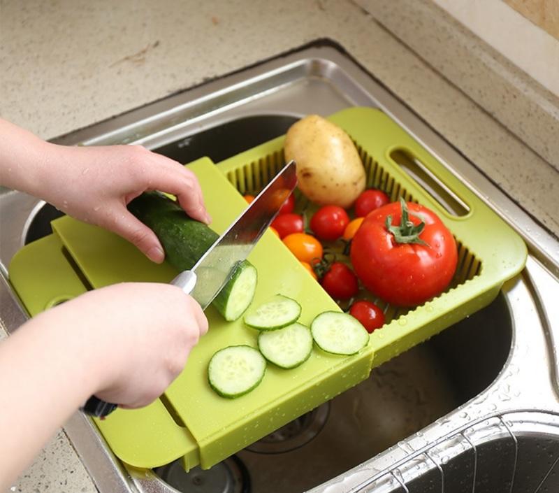 【切菜板】水槽瀝水抗菌料理砧板切菜板 切菜瀝水儲物三合一 可拆濾水菜籃架 洗菜籃