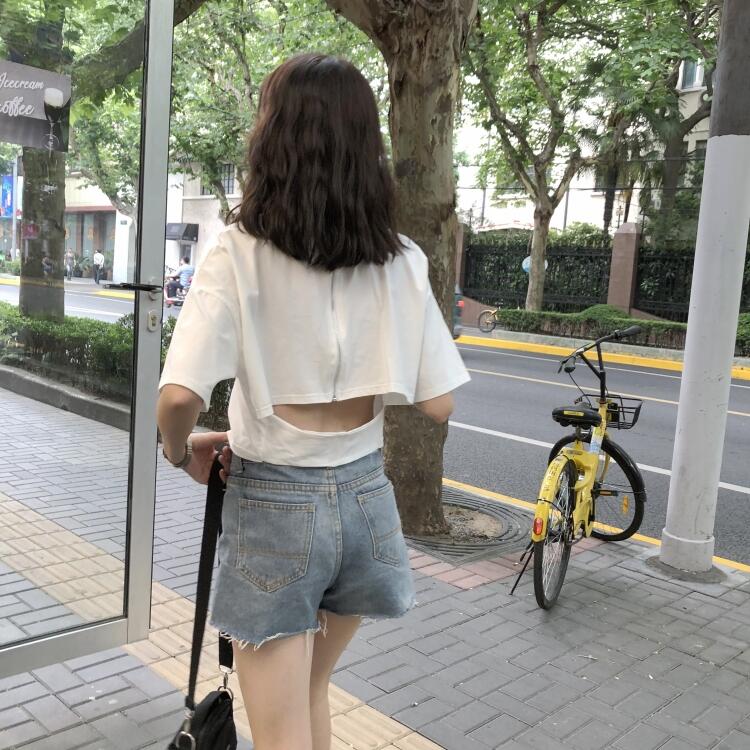 夏裝女裝新款韓版純色露背短款T卹寬鬆個性拉鍊短袖顯瘦上衣學生