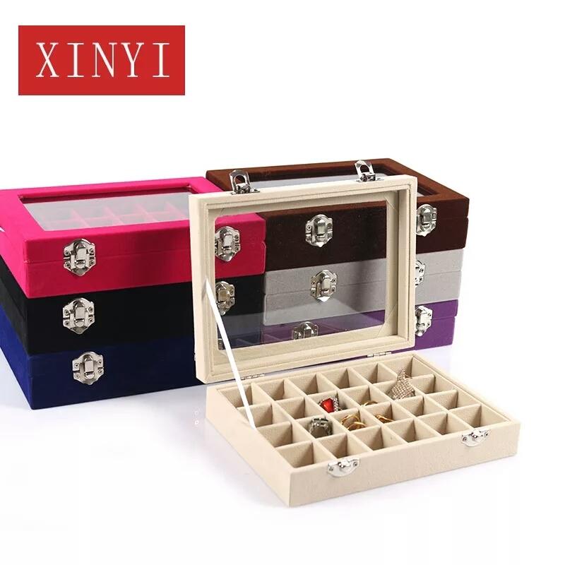 綸綸 女性飾品 絨布玻璃戒指盒11色（24格）（速出貨）首飾盒耳釘收納盒有蓋耳環盒
