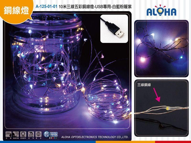 led燈泡告白氣球燈【A-125-01-01】10米三線五彩銅線燈-USB專用-白藍粉暖紫 卡片DIY 跨年 交換禮物