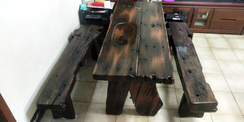 絕版古董木板船製作-泡茶原木桌1張，原木椅 2張