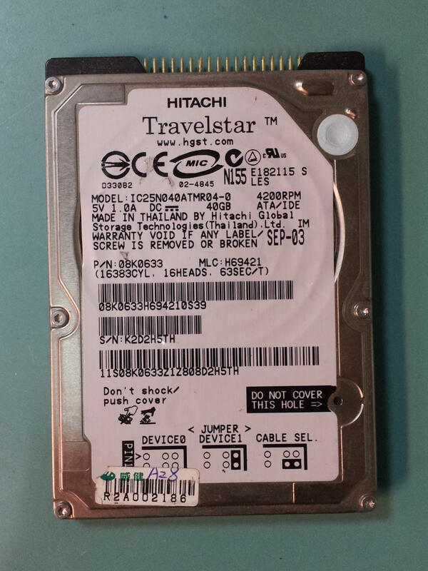 兩顆 故障 HITACHI 2.5吋 IDE介面 筆電硬碟 IC25N040ATMR04-0