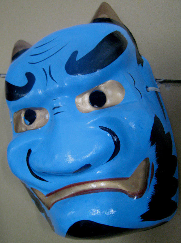 +鐵八甲+日本文化傳統祭典福神鬼面具紙漿純手工繪製藍魔鬼