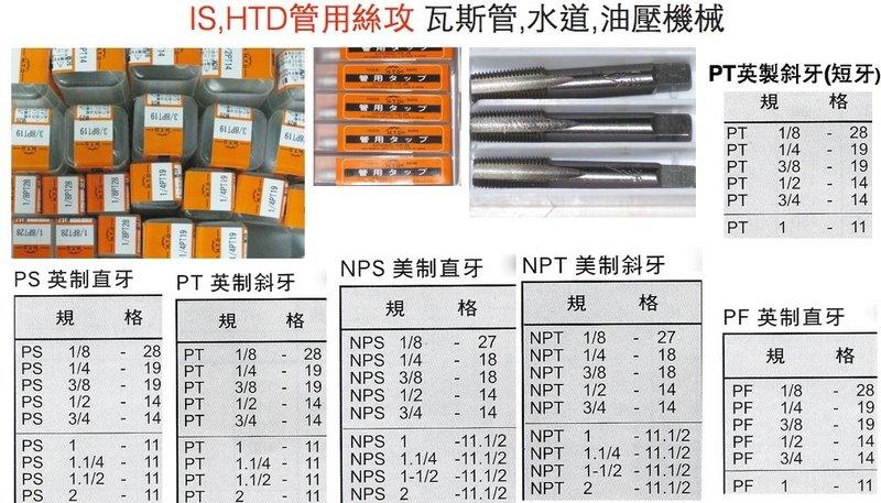 HTD IS PS PT PF 直牙 斜牙 管牙 管用絲攻 瓦斯管 水道 油壓機械 NPS美製直牙 日本製造