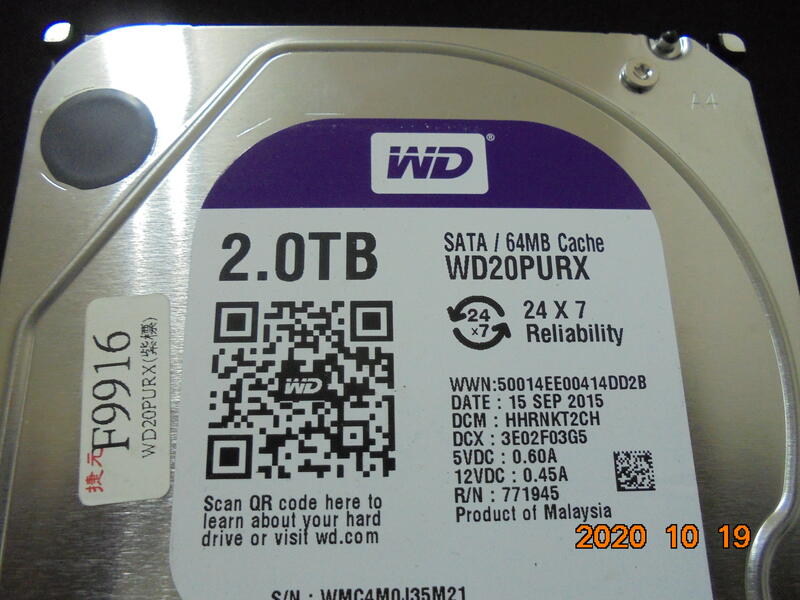 WD硬碟 2TB 紫標 SATAIII  型號:WD20PURX-64P6ZY0