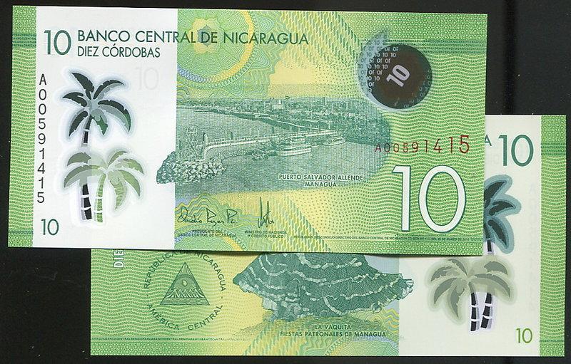 NICARAGUA (尼加拉瓜塑膠鈔)， P-New ， 10-COR. ， 2014 ，品相全新UNC