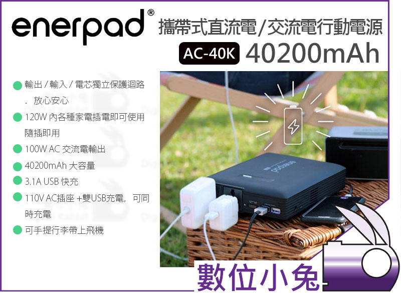 免睡攝影【Enerpad AC40K 40200mAh 攜帶式直流電 / 交流電 行動電源】AC萬用插座 USB 充電
