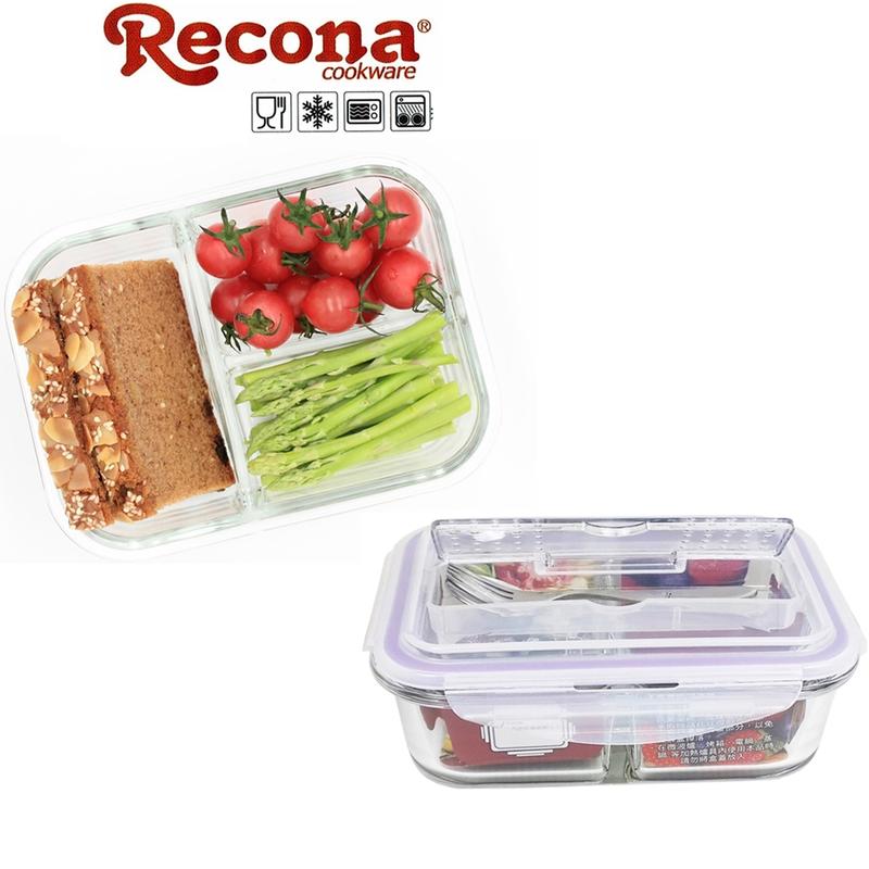 【Recona】長型耐熱3格玻璃保鮮盒950ml 贈(匙+叉)x1入便當盒