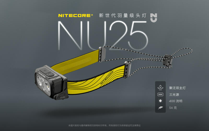 【山道具屋】Nitecore 雙核心升級 NU25-UL 400流明輕量USB充電野跑/登山頭燈(公司貨保固/45g起)