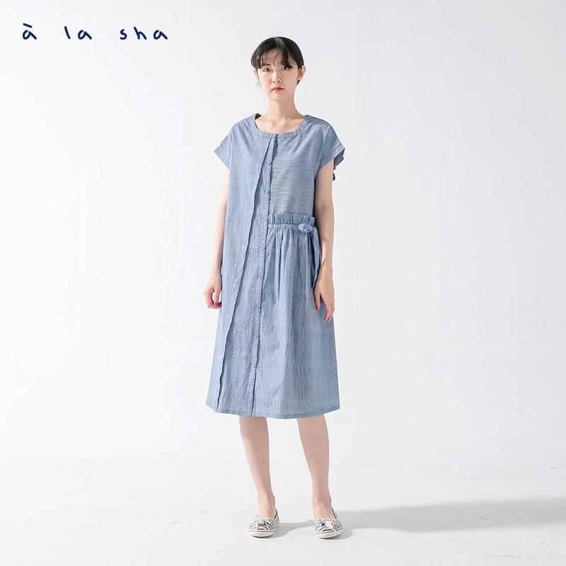 【a la sha】全新Qummi 左右不對稱蝴蝶結造型連袖開襟洋裝(藍)~M