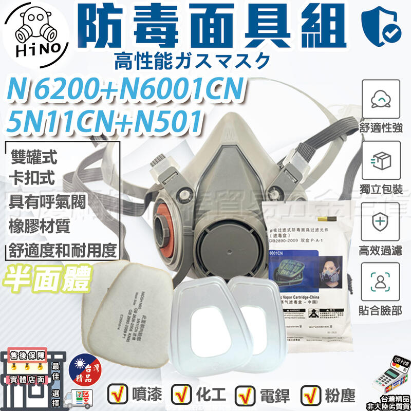 外銷日本HINO｜N6200+N6001CN+5N11CN+N501｜CN款 半面罩式防毒面具 非拋棄式非平面 通用3M