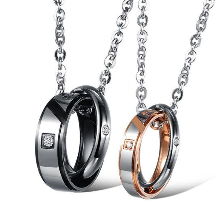 時尚情侶首飾拼接相環款鈦鋼情侶項鏈W015002-37(男款,女款,下單前請先標註)