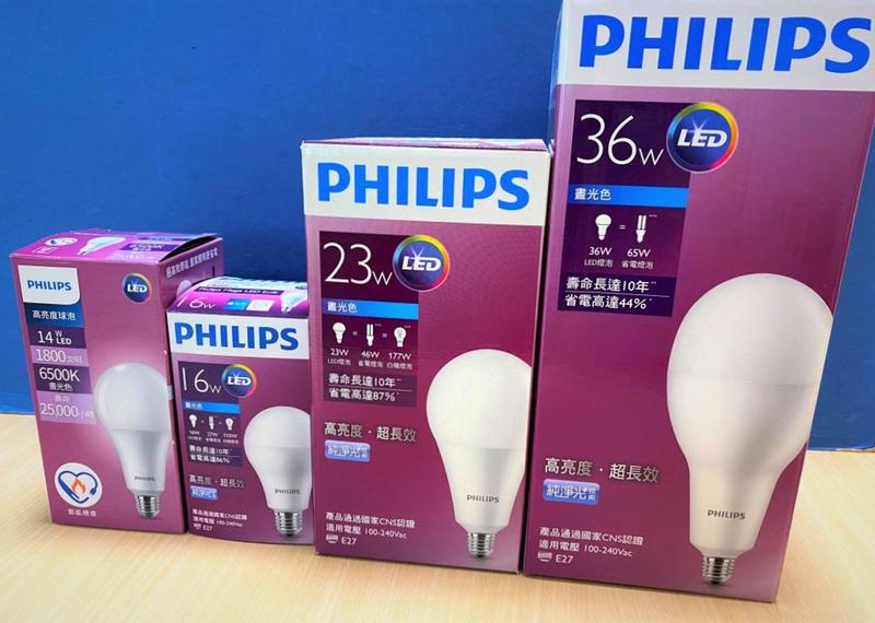 PHILIPS 飛利浦 LED E27 高亮度 燈泡 14/16/23/36W(6500K白光)全電壓 14W有黃光