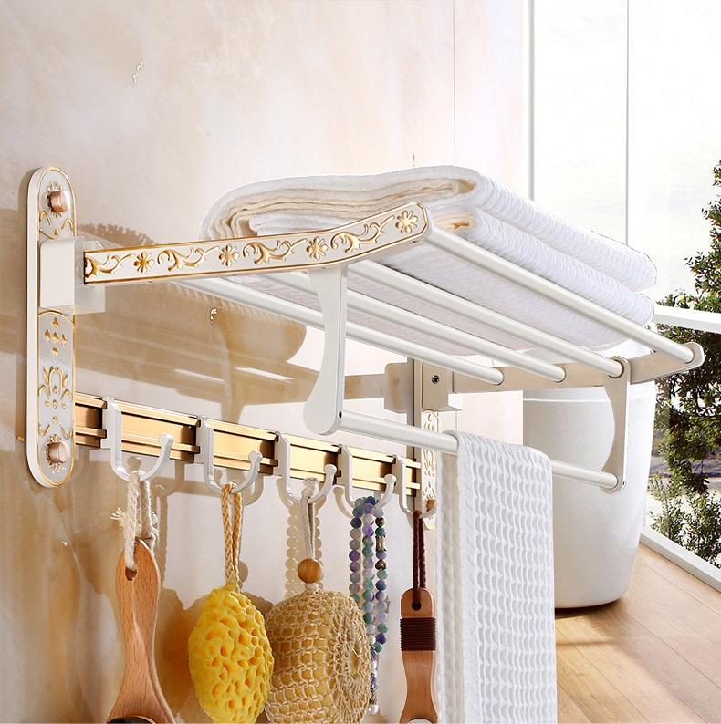 歐式浴室摺疊式衣架/雙層籃 象牙白雕花 手工描鍍金邊 防銹太空鋁材質