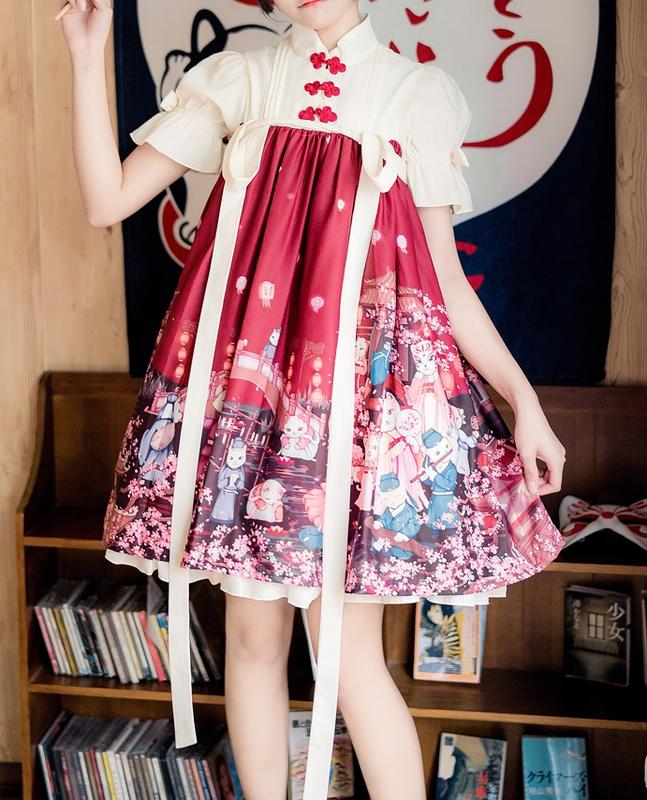 《免運費》日系漢風蘿莉塔lolita貓貓綁帶中國風少女可愛萌超短袖洋裝cosplay