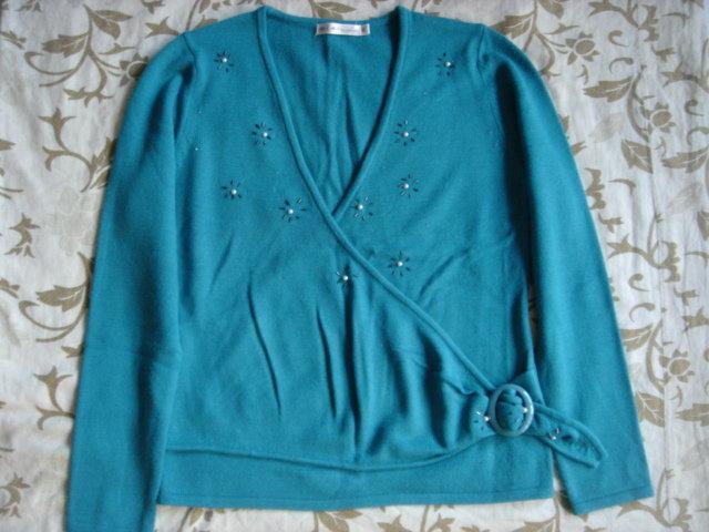近全新 0141(Lace)專櫃 藍綠色交叉V領串珠針織毛衣 GOZO
