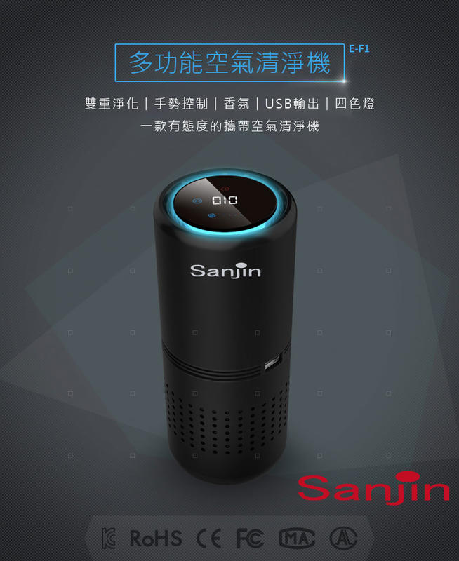 Sanjin USB車用空氣清淨機 PM2.5即時監測數值 300萬負離子 HEPA濾網 手勢操作 鋁合金機身 台灣現貨