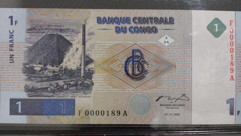 [阿宏的紙幣世界]Congo(剛果)1997 1法郎紙幣 P-85 UNC 超低流水編號