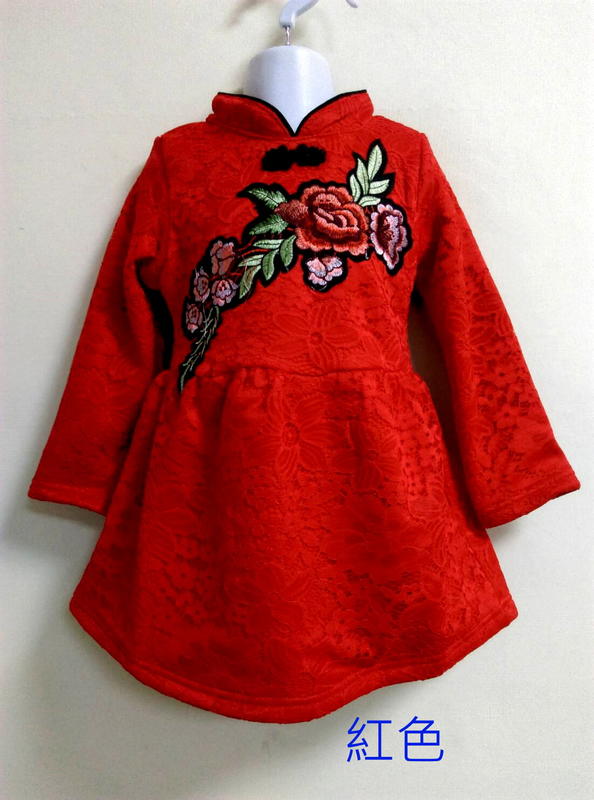 新竹金奇童裝兒童冬天不倒絨刺鏽花朵中國風洋裝新年服旗袍風格紗裙中國服