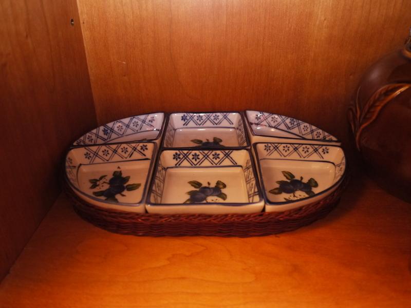 法國六件組合青花瓷盤 附竹編托盤