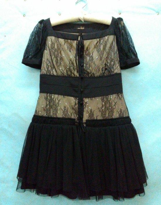 設計師品牌 黃淑琦 漂亮黑色網紗拼接蠶絲緞面造型洋裝