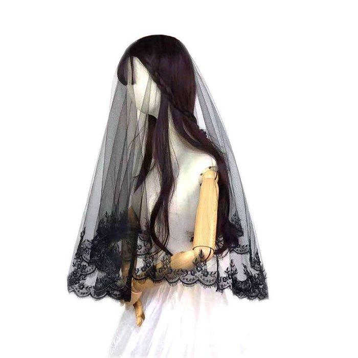 神秘性感黑色單層蕾絲睫毛花邊1.4M頭紗 新娘頭飾 造型婚紗飾品 萬聖節 黑色 現貨