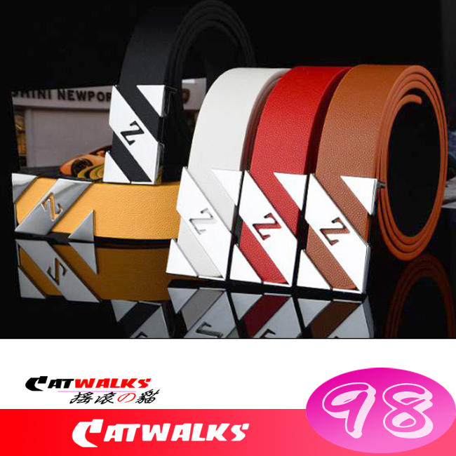 【 Catwalk's 搖滾の貓 】韓版紳士款斜Z金屬亮面皮革腰帶 ( 黑色、白色、黃色、紅色、深藍、淺咖啡、深咖啡 )