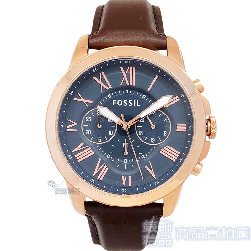 FOSSIL 手錶 FS5068 IE 灰藍面 玫金框 咖啡色錶帶 44mm 男錶【錶飾精品】
