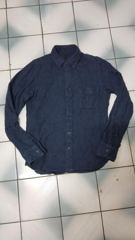 日本品牌 無印良品 MUJI 深藍色 素色 素面 純棉 絨布面 長袖襯衫-S size