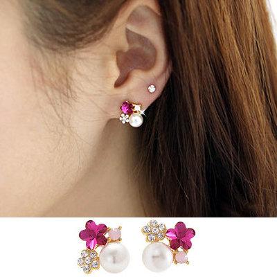 ╭✿蕾兒0509✿╮EB012-韓國熱賣款 氣質小梅花時尚水鑽珍珠耳釘耳環無耳洞耳夾耳飾