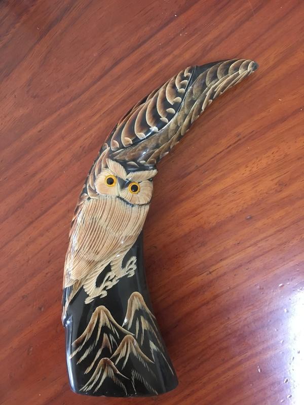 牛角雕刻貓頭鷹(尖角） 智慧與幸福的守護者 聖誕節 禮物