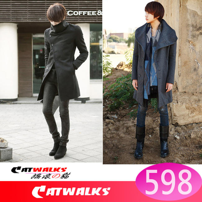 【 Catwalk's 】韓版帥氣大翻領單排不對襯扣中長版風衣 ( 黑色、灰色、咖啡色、藏藍色 ) M-XXL
