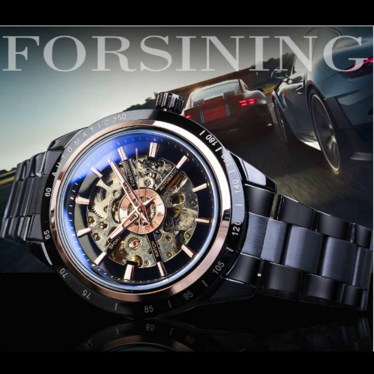FORSINING 正品 潮流時尚大錶盤金屬感電鍍鎢鋼黑 賽車風格 自動機機械錶 個性型男鋼帶錶 【S & C】柒時尚