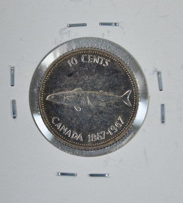 AE156 加拿大1867-1967年鮭魚 伊莉莎白女皇頭10CENTS銀幣