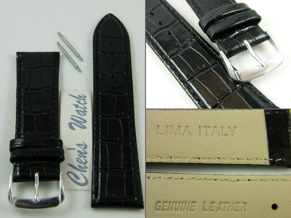 錶帶屋 LIMA 義大利進口牛皮真皮錶帶壓鱷魚皮紋黑色亮面皮 22mm 24mm