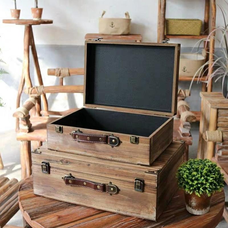 懷舊20世紀初木製旅行箱 復古好感設計手提箱 原木質感手提木箱 仿古造型收納箱木盒 仿舊氛圍置物箱 餐酒館咖啡餐廳擺飾盒