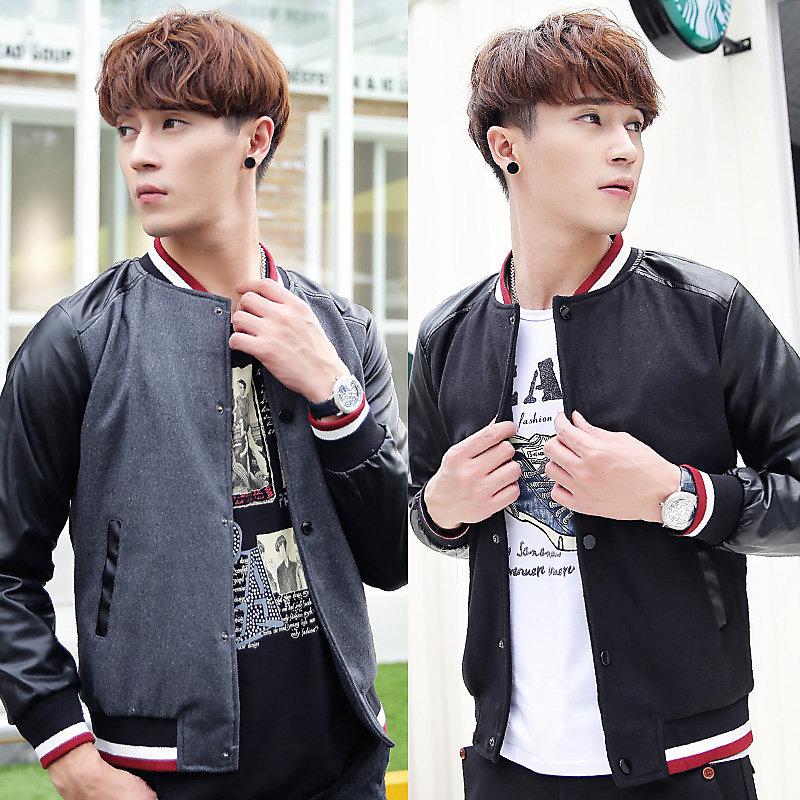 2014秋裝新品 韓版男式呢料修身個性撞色時尚外套 休閒棒球衫