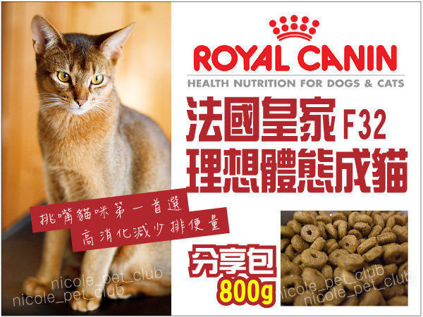 ＊妮可寵物＊法國皇家Royal Canin理想成貓F32 [800g裝貓飼料]體驗價_比2kg/4kg還划算!