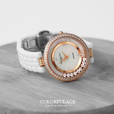 Valentino范倫鐵諾 珍珠貝滾動鋯石玫瑰金奢華精密陶瓷手錶腕錶【NE1368】原廠