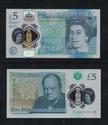 【低價外鈔】英國2016年5pounds  英鎊 塑膠鈔一枚，伊莉莎白二世 與邱吉爾肖像，少見~