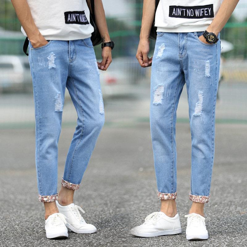 夏季韓版男式牛仔褲九分褲  青少年時尚兩色破洞牛仔褲 Y931