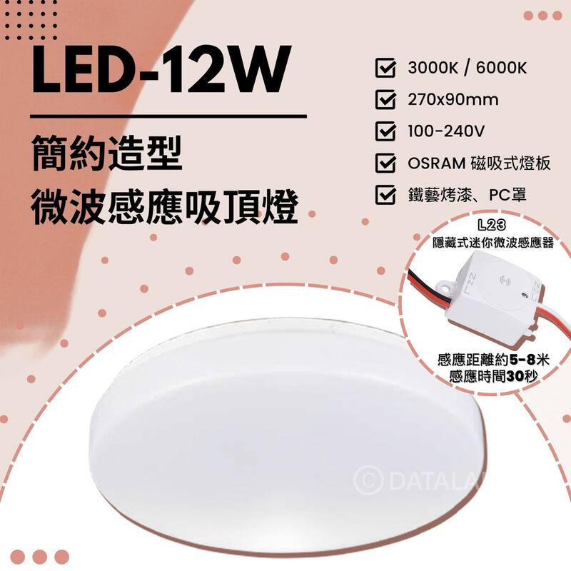 【阿倫燈具】(UVB63+L23)LED-12W/20W/36W簡約造型微波感應吸頂燈 全電壓 感應距離5-8米