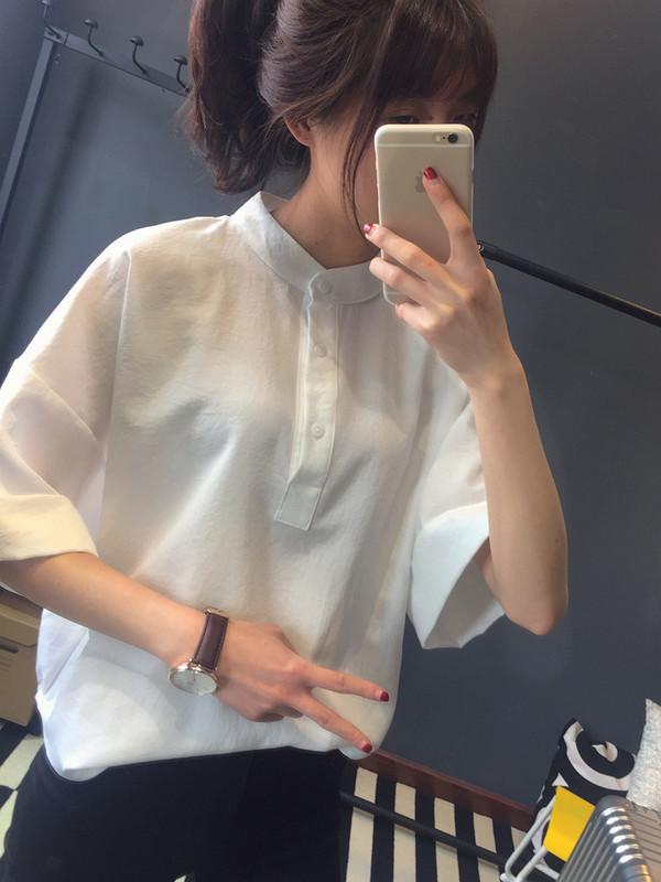預購款~新款白襯衫女夏短袖韓範學生簡約寬鬆顯瘦復古襯衣--S~2XL