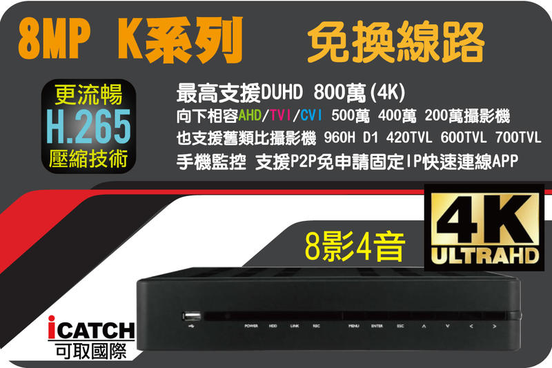 台中到府安裝 含稅價 可取 4K機種 KMQ-0825 6TB 八路 錄影主機 socatch 含安裝網路設定