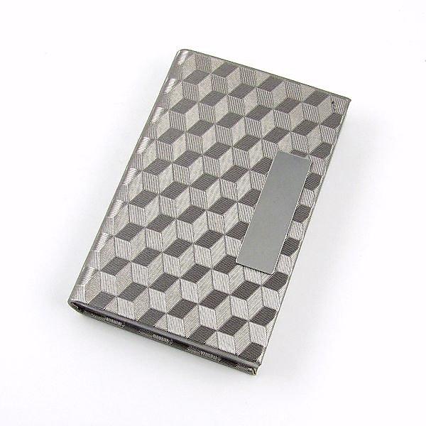 皮夾式名片盒 閃亮鋁絲方格編織不銹鋼金屬盒絨面內襯隱藏式磁扣名片夾 階梯立體方格面 鐵灰色