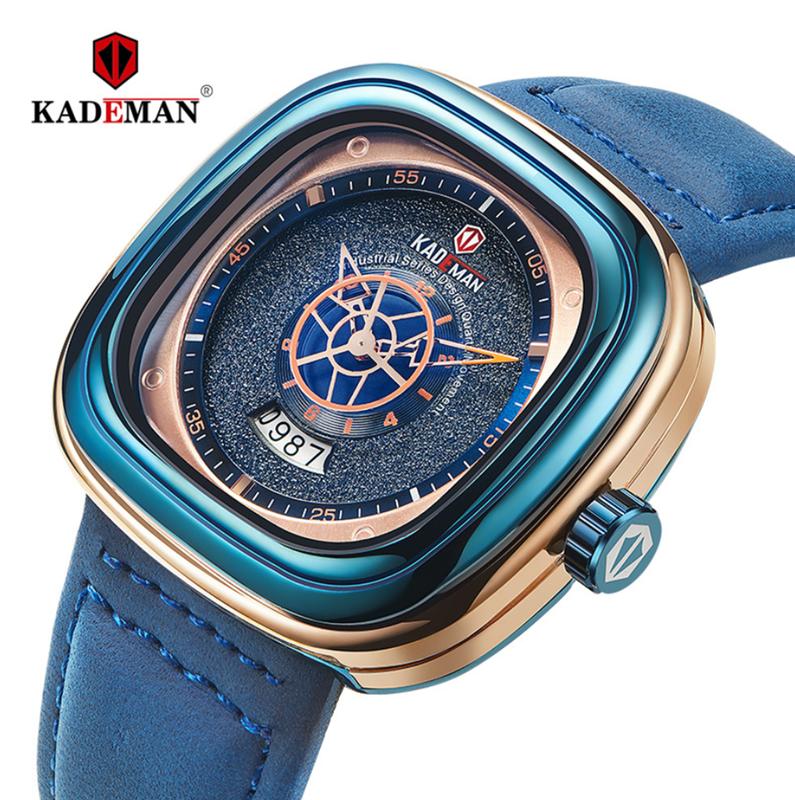 【KYH流行之星】KADEMAN卡德蔓獨特方形錶盤日曆防水皮帶石英手錶男士表9030