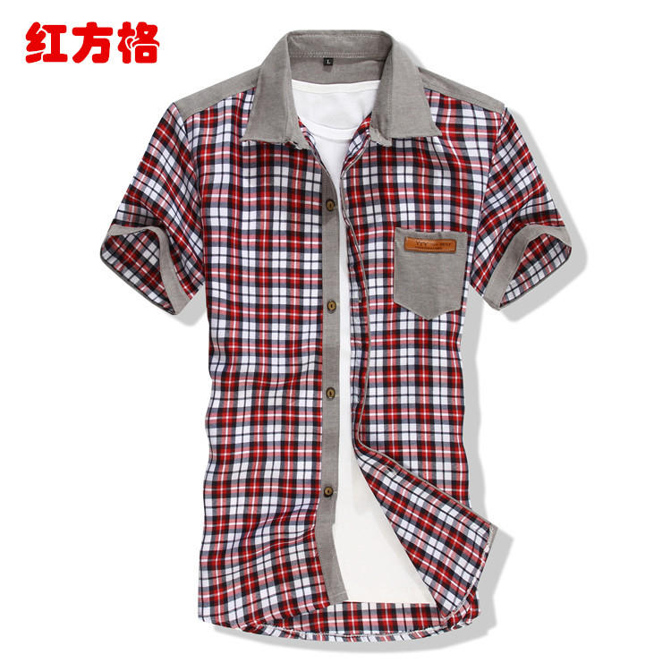 【特價】2013夏季爆款 短袖襯衫男 時尚拼接格子設計男士短袖襯衣
