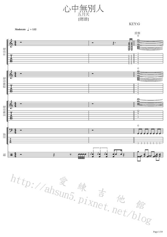 團譜 ~五月天_心中無別人~[吉他譜][貝斯譜][鼓譜][鍵盤][五線譜][樂譜]