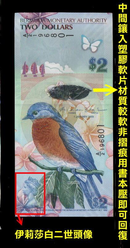 【低價外鈔】百慕達2009年 2Dollars 紙鈔一枚 (A/1字軌) 伊莉莎白二世 海王星尼普頓 東藍鳥圖案~