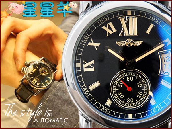 復古經典 羅馬數字刻度自動上鏈機械錶 日期顯示 獨立計時秒圈 WINNER 皮革錶帶 ★星星羊★【WW265】